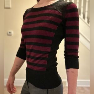 A. Byer Burgundy & Black Striped Knit Top W/ Lace SIZE XS